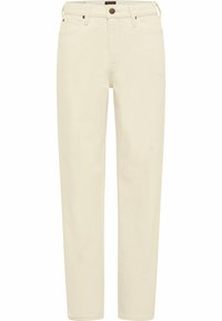 Džínové kalhoty krémové barvy se střihem rovného nohavice, pěti kapsami, zapínáním na knoflík a decentními švy. Hladká textilie.