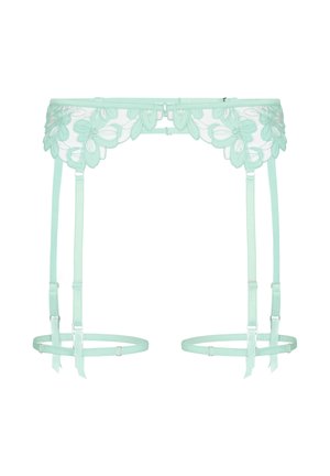 Hellgrüner Spitzen-Strumpfhalter mit Blumenmustern und verstellbaren Trägern zum Befestigen an Strümpfen.
