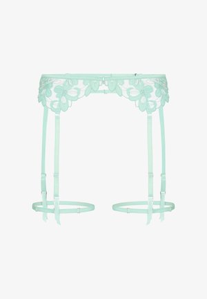 Guêpière en dentelle vert clair avec motifs floraux et bretelles réglables pour attacher aux bas.