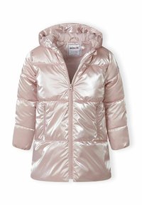 Doudoune rose clair brillante avec capuche, fermeture éclair à l'avant, deux poches zippées et coutures matelassées, conçue pour temps froid.