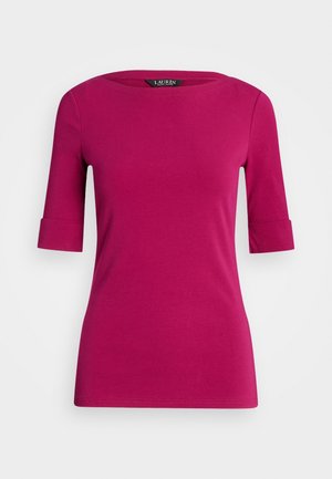 Magenta short-sleeve fitted top with folded cuffs and a round neckline, displayed on a plain background.