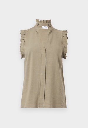 Kergedest käteta topp, mis on valmistatud kerge kangaga, ja millel on volangiga kaelus ja õlavarre aktsendid, koos peene ees oleva voldiga.