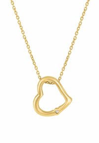 Złoty naszyjnik z zawieszką w kształcie serca z małym diamentem, zawieszony na delikatnym łańcuszku z owalnymi ogniwami.
