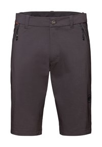 Pantalones cortos de color gris oscuro, fabricados en tejido sintético, con un bolsillo frontal con cremallera, trabillas para cinturón y un logotipo en la pierna izquierda. Textura suave.