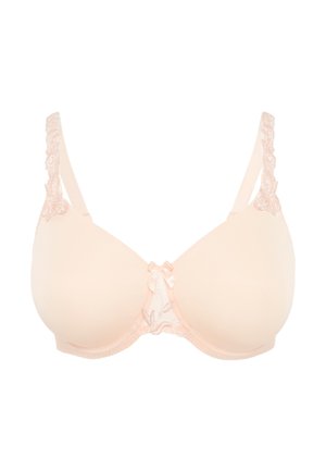 Hautfarbenes BH mit glatten Körbchen, Spitzenverzierung an den Trägern und einer kleinen Satin-Schleife in der Mitte. Verstellbare Träger für eine perfekte Passform.