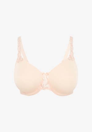 Persikanvärinen rintaliivit, joissa on sileät kupit, pitsikoristetta olkaimissa ja pieni satiinirusetti keskellä. Säädettävät olkaimet istuvuuden varmistamiseksi.