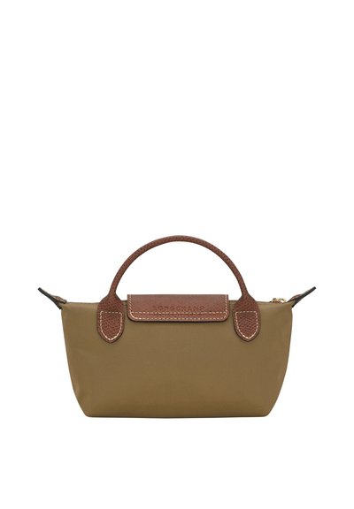 Small olive green handbag with brown leather handle and flap, gold zipper, and white stitching detail.