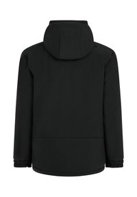 Černá nepromokavá bunda s kapucí, elastickými manžetami a hladkým povrchem. Zadní pohled ukazuje minimalistický design bez viditelných log.
