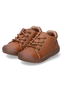Brown leather children's shoes with rounded toes, lace-up design, padded collars, and rubber soles featuring a textured pattern.