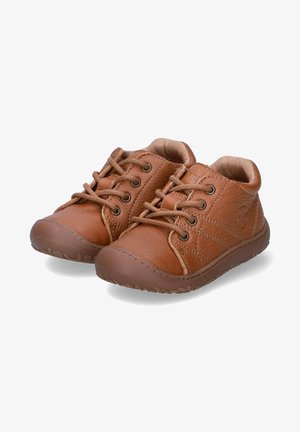 Brown leather children's shoes with rounded toes, lace-up design, padded collars, and rubber soles featuring a textured pattern.