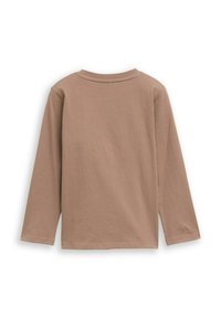 Beige overhemd met lange mouwen, van achteren gezien, met een ronde halslijn en een eenvoudig, effen ontwerp op een witte achtergrond.