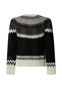 Pull en tricot noir et gris avec un motif de yoke géométrique, doté d'un col rond et de manches longues. Fini texturé et poignets côtelés.