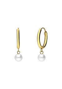 Créoles en or avec une finition lisse et une perle blanche suspendue en bas. Le design simple souligne l'élégance classique et le style intemporel.