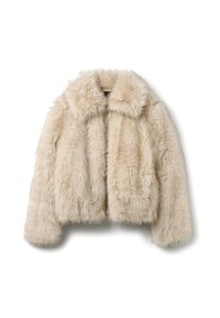 Giacca cropped in finta pelliccia di un beige chiaro con una consistenza morbida e fluffy, dotata di un colletto e chiusura frontale con zip.