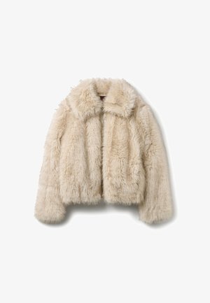 Giacca cropped in finta pelliccia di un beige chiaro con una consistenza morbida e fluffy, dotata di un colletto e chiusura frontale con zip.