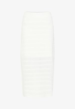 Weiße knielange Bleistiftrock aus strukturiertem Stoff mit dezenten horizontalen Streifen und enger Silhouette. Keine sichtbaren Verschlüsse oder Akzente.
