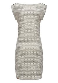 Figurbetontes Kleid aus gemustertem Stoff mit abwechselnden Streifen geometrischer Designs. Helle Farbe mit grauen Akzenten und Knopfdetails an den Schultern.