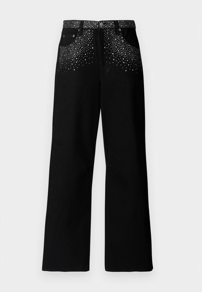 Black jeans with a wide-leg design, featuring a scattered silver studded pattern on the pockets and waistband. Made from denim fabric.