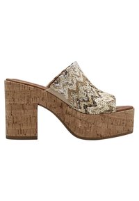 Sandale plateforme à talons hauts avec semelle en liège et bride supérieure tissée beige, blanche et marron clair à motif zigzag.