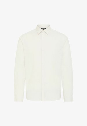 White long-sleeve shirt made of a lightweight fabric, featuring a classic collar, button front, and simple design with no patterns or accents.