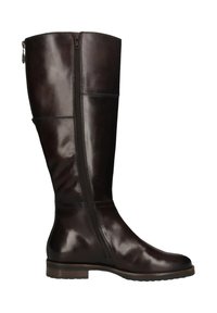 Hohen, dunkelbraunen Lederstiefel mit seitlichem Reißverschluss und flacher Sohle, entworfen für einen eleganten, polierten Look.