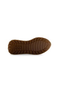 Bruine rubberen zool met een gestructureerd profiel, voorzien van de gegraveerde merknaam "Gabor" en een stevige loopprofiel voor grip.