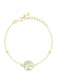 Bracciale in tono oro con pendente a forma di albero della vita circondato da piccoli cristalli trasparenti, con cristalli aggiuntivi lungo i collegamenti della catena.
