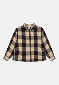 Giacca a camicia a quadri nera e beige con maniche lunghe, collo a revers, due tasche frontali e chiusure con bottoni di legno. Morbido tessuto.