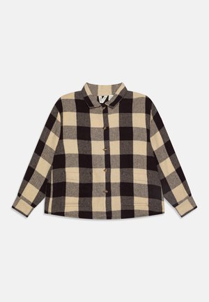 Zwarte en beige geruite shirtjack met lange mouwen, kraag, twee voorkruiszakken en houten knopen. Zachte stofstructuur.