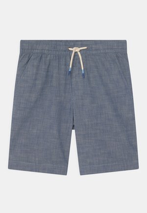 Blå casual shorts med elastisk talje og hvid snor, med sidelommer og enkelt syningsmønster.
