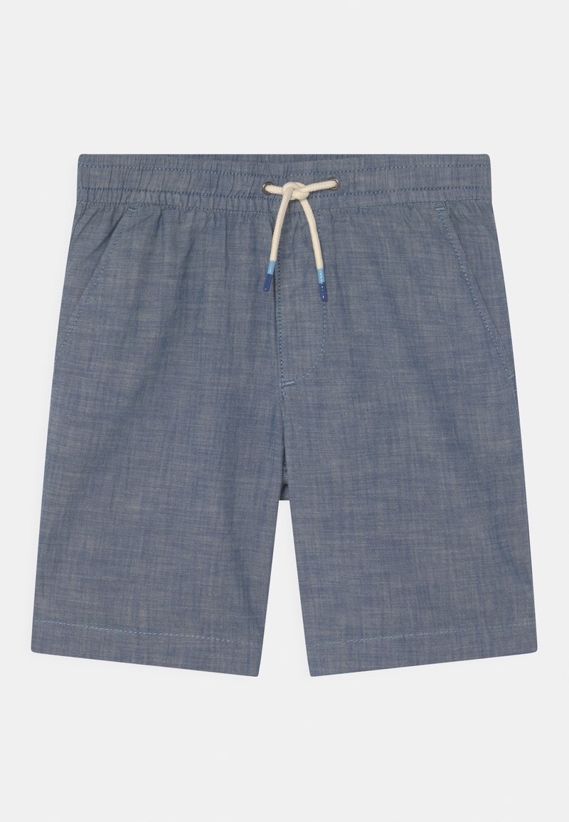 Shorts décontractés bleus avec une ceinture élastique et un cordon blanc, avec des poches latérales et un motif de couture simple.