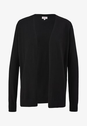 Cardigan noir ouvert devant en tissu doux, avec manches longues, poignets côtelés et coupe décontractée sans boutons ni fermetures éclair.