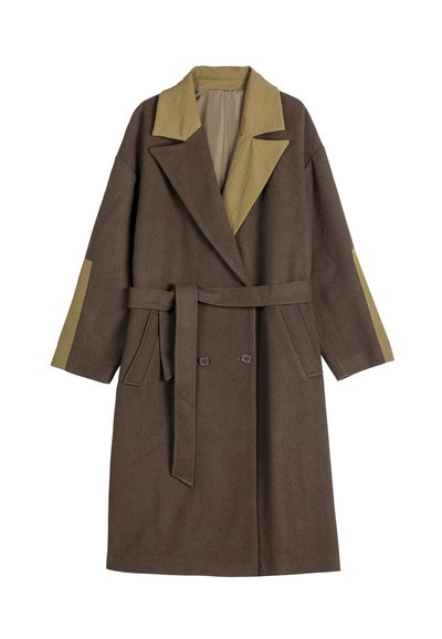Double-breasted, long brown coat with light green collar and sleeve accents. Made from textured fabric, includes a matching belt.