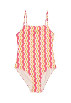 Mädchen-Einteiler-Badeanzug mit rosa, orangefarbenen, gelben und weißen wellenförmigen vertikalen Streifen und dünnen Schultergurten.