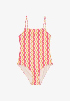 Jednoczęściowy strój kąpielowy dla dziewczynek w pionowe, faliste paski w kolorach różowym, pomarańczowym, żółtym i białym oraz z cienkimi ramiączkami na ramionach.