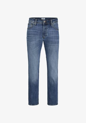 Niebieskie dżinsy z prostym krojem nogawki, charakteryzujące się lekkim do średniego wyblaknięciem, pięcioma kieszeniami i zapięciem na guzik.