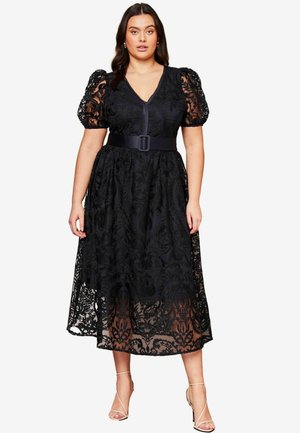 EMBROIDERED PUFF SLEEVE BELTED MIDI - PLUS SIZE - Cocktailjurk - navy blue
