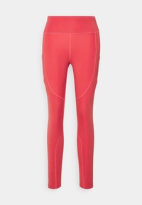 Leggings taille haute en corail vif avec des coutures contrastantes. Fabriqués en matériau extensible, ils présentent un design ajusté et aucun matériel visible.