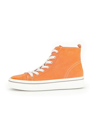 High-top sneakers made of orange suede with white laces, a padded collar, and a white rubber sole featuring subtle stitching details.