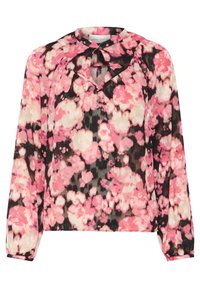 Blusa a maniche lunghe con motivo floreale astratto in rosa, nero e bianco, scollatura a oblò e dettagli di tessuto arricciato sulle spalle.