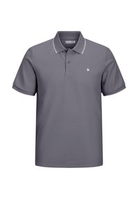 Graues Poloshirt aus strukturiertem Stoff, mit kurzen Ärmeln und einem kontrastierenden weißen Kragen sowie Ärmelbesatz. Mit kleinem Logo auf der Brust.