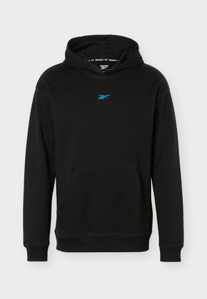 Black Reebok pullover hoodie with a front pocket and small blue Reebok logo centered on the chest.