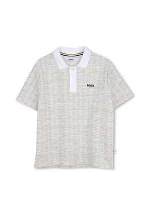 Wit- en grijs getextureerd poloshirt met korte mouwen, witte kraag, drieknopsbies en zwarte BOSS-logo links op de borst.