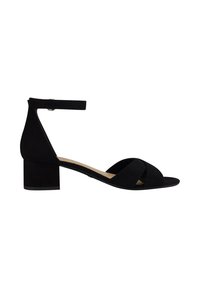 Sandales noires en suède à talons, avec un talon carré, une bride à la cheville et un design croisé à l'avant, présentant une texture lisse et une ouverture à l'avant.