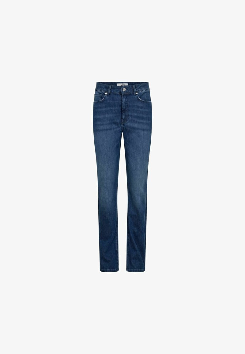 Jeans de mezclilla azul oscuro con corte recto, con cierre de botón, cinco bolsillos y detalle de costura mínima. Textura suave.