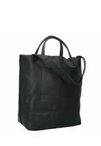 Czarna skórzana torba tote z podwójnymi uchwytami i odpinanym paskiem na ramię. Posiada teksturowaną powierzchnię i dwie przednie kieszenie naszyte.