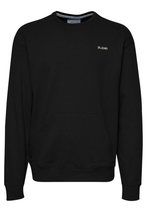 Svart sweatshirt i mjukt tyg med långa ärmar, rund halsringning, framfickor i kängurustil och liten text "BLEND" i kontrasterande färg.