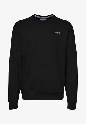 Sudadera negra de tejido suave con mangas largas, escote redondo, bolsillo canguro en la parte frontal y pequeño texto "BLEND" en color contrastante.