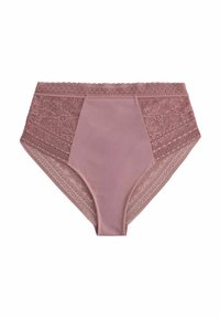 Chiloți cu talie înaltă, de culoare roz moale, având un panou frontal ribat și detalii de dantelă florală intricate pe laterale și în spate.