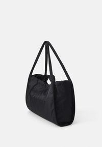 Schwarze Tragetasche aus glattem Nylon, mit runder Form, gerafftem Oberteil und zwei langen Tragegriffen.